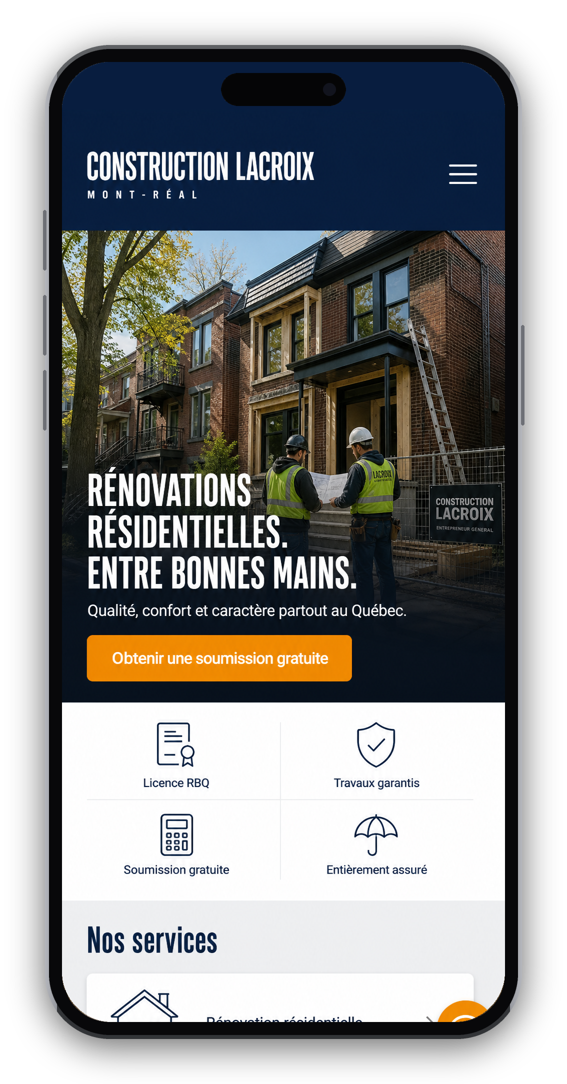 Construction company website mockup on a phone