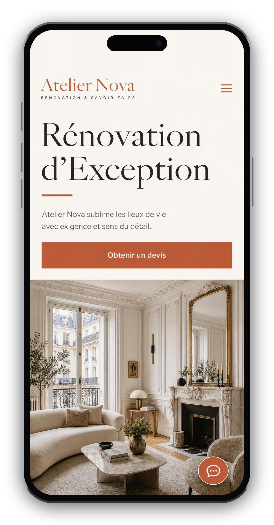 Renovation company website mockup on a phone